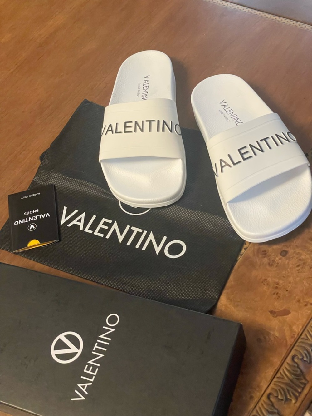 Valentino White Logo Slide Sandals with Black Lettering